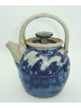 Studio Art Pottery Teapot Blue and Beige Salt Glazed Handmade Artisan Signed